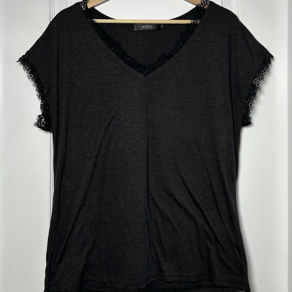 Mirol Black Lace Trim V-Neck Cap Sleeve T-Shirt‎ Whimsigoth Coquette Goth Style